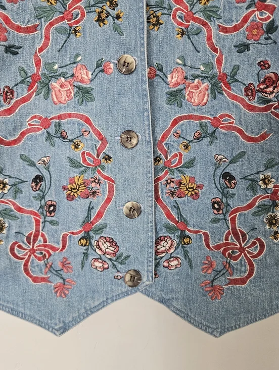 Cambridge Dry Goods Vintage Embroidered Denim Vest Blue Pink Women's Large Girly - Picture 4 of 5